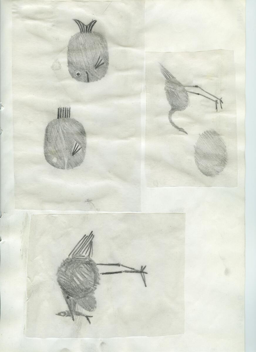 Materialet innehåller skisser till gravyrer av olika slag.