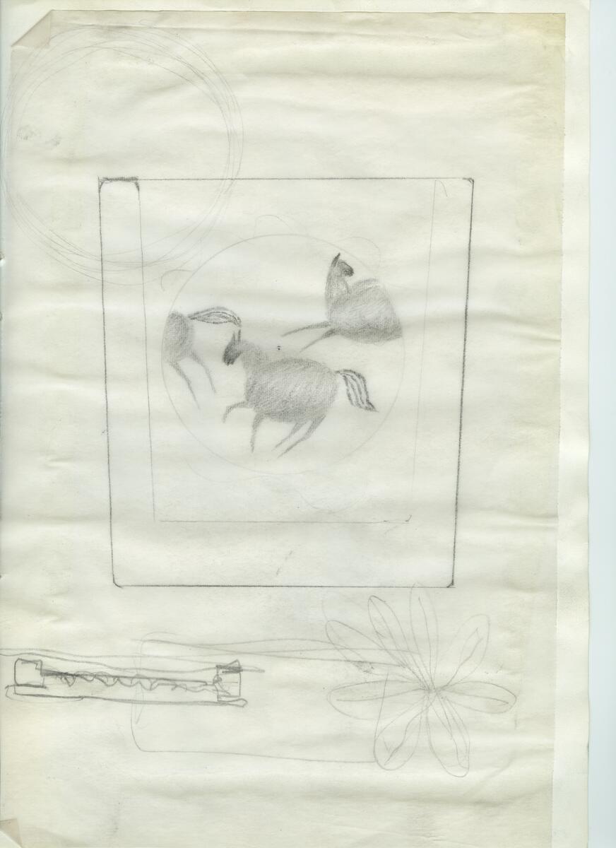 Materialet innehåller skisser till gravyrer av olika slag.