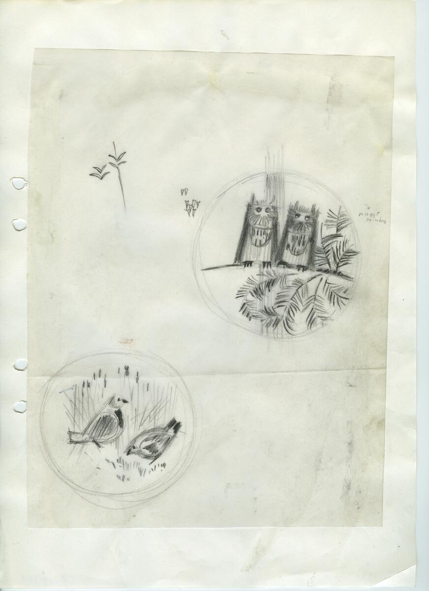 Materialet innehåller skisser till gravyrer av olika slag.