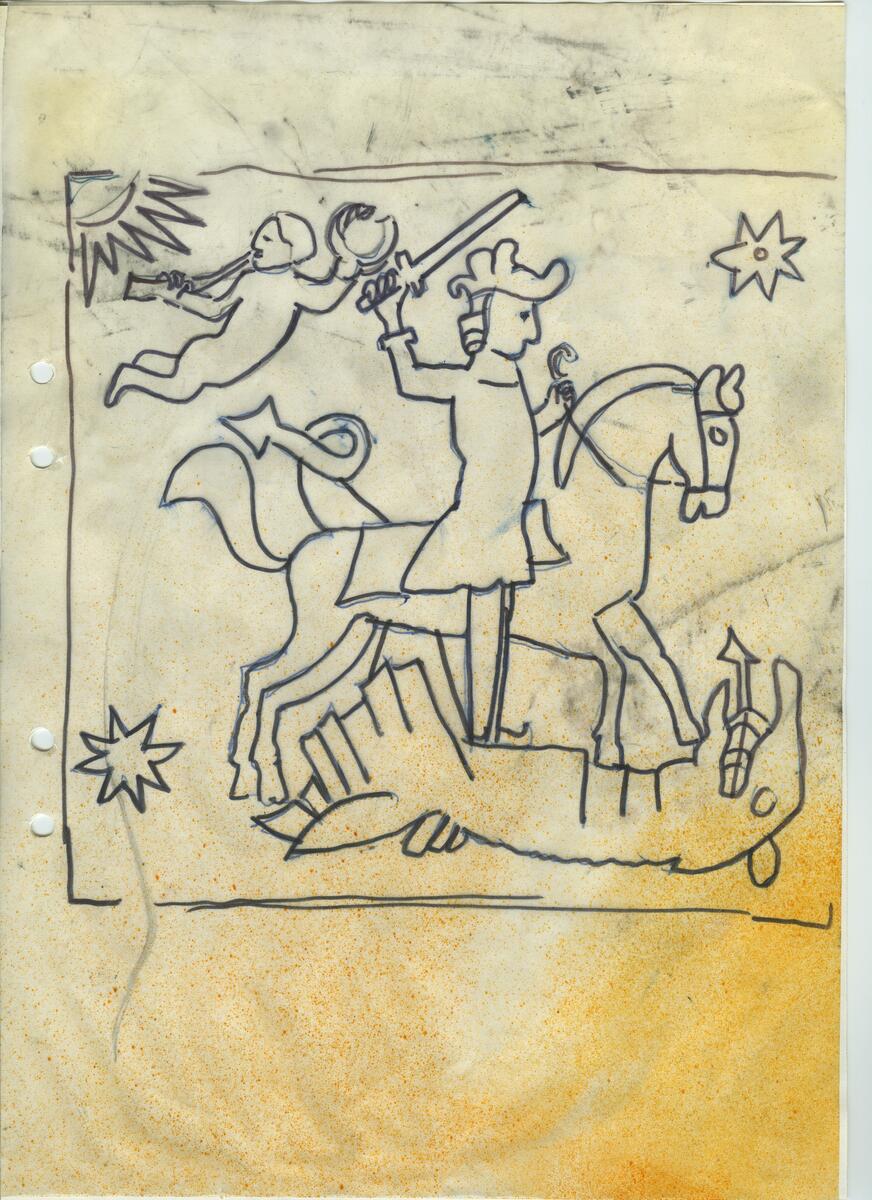 Materialet innehåller skisser till gravyrer av olika slag.