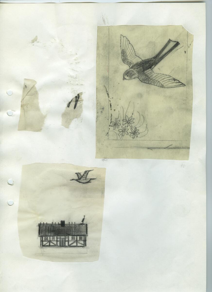 Materialet innehåller skisser till gravyrer av olika slag.