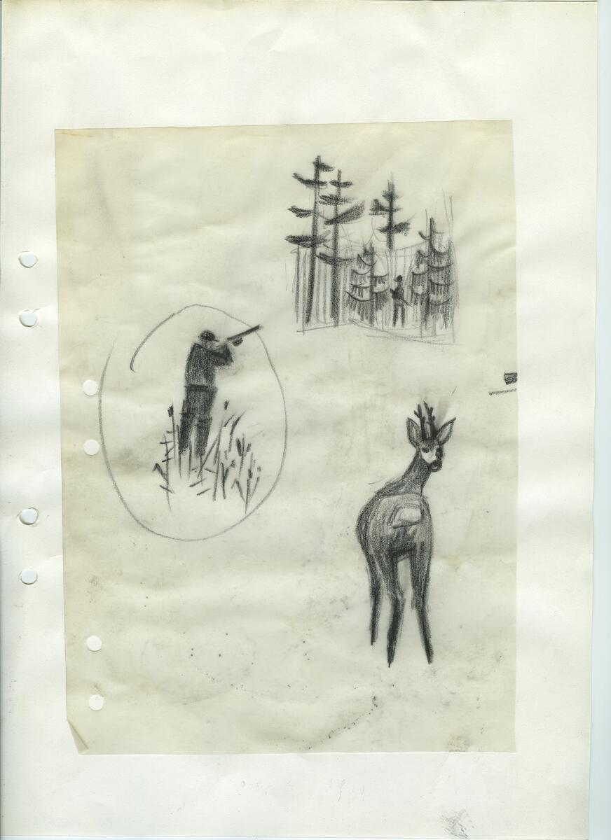 Materialet innehåller skisser till gravyrer av olika slag.