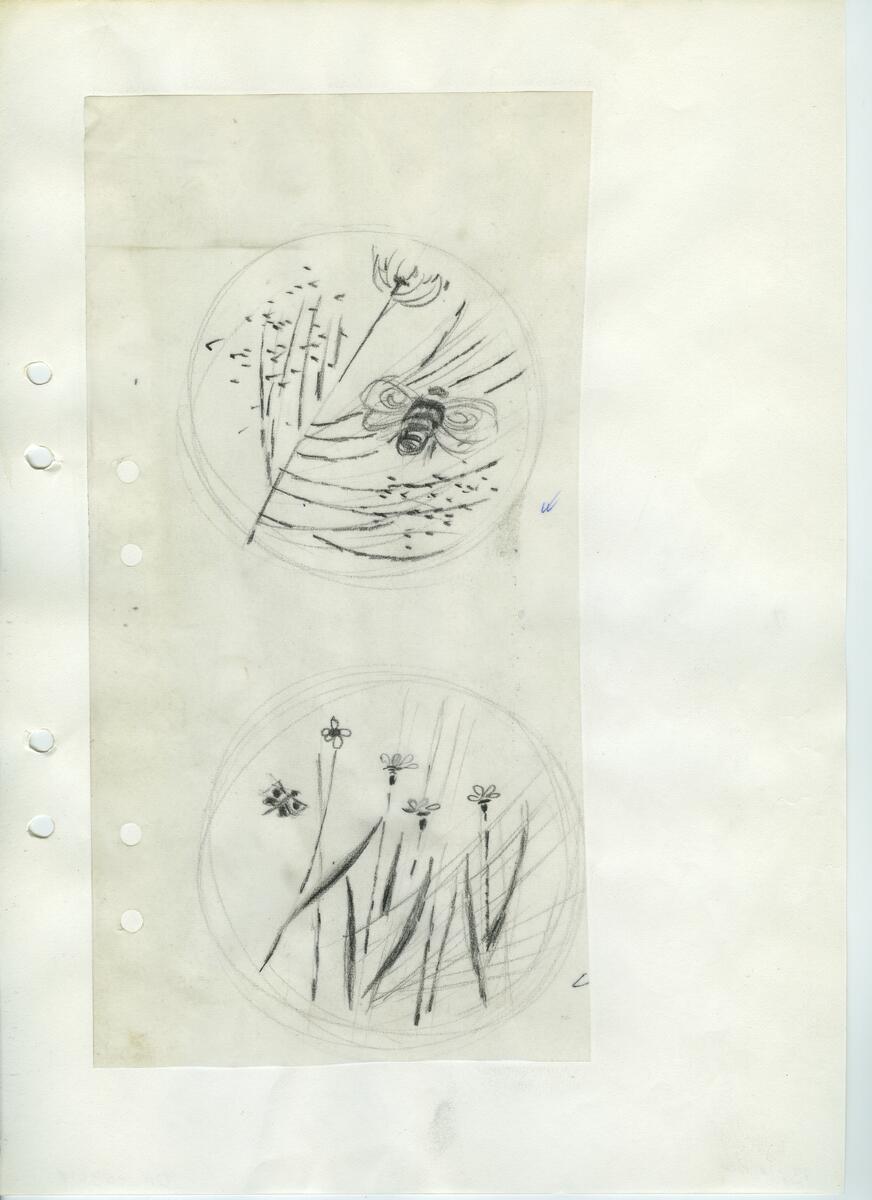Materialet innehåller skisser till gravyrer av olika slag.