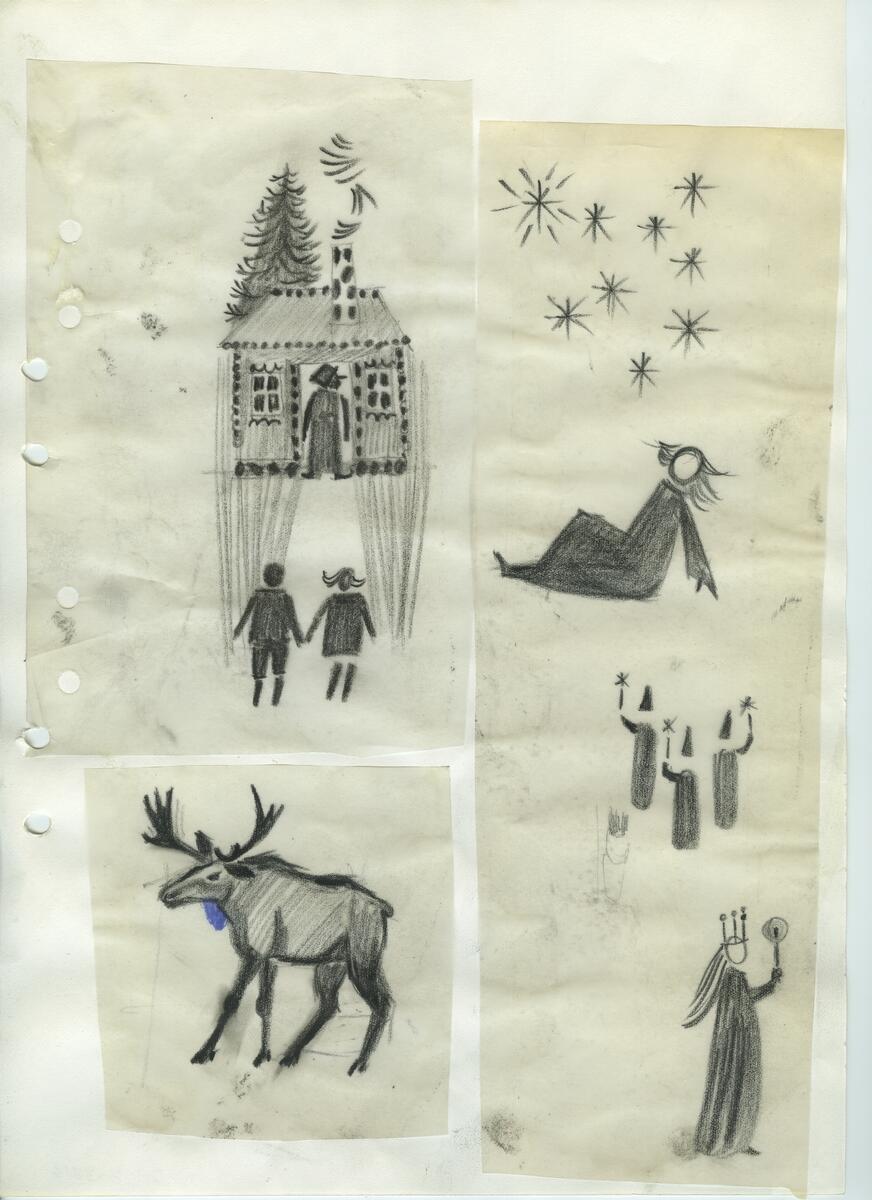 Materialet innehåller skisser till gravyrer av olika slag.