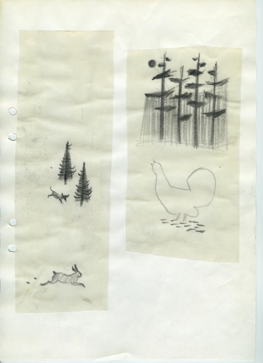 Materialet innehåller skisser till gravyrer av olika slag.