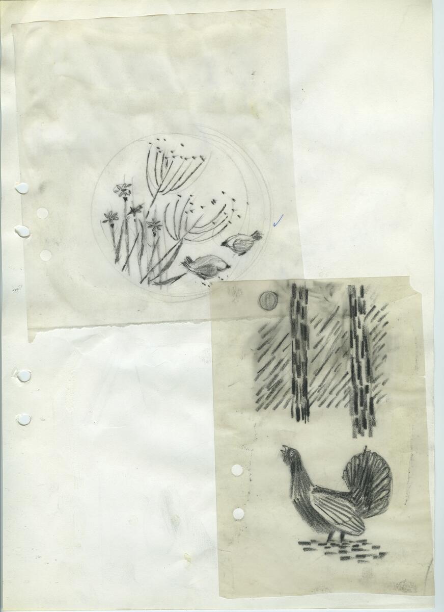 Materialet innehåller skisser till gravyrer av olika slag.