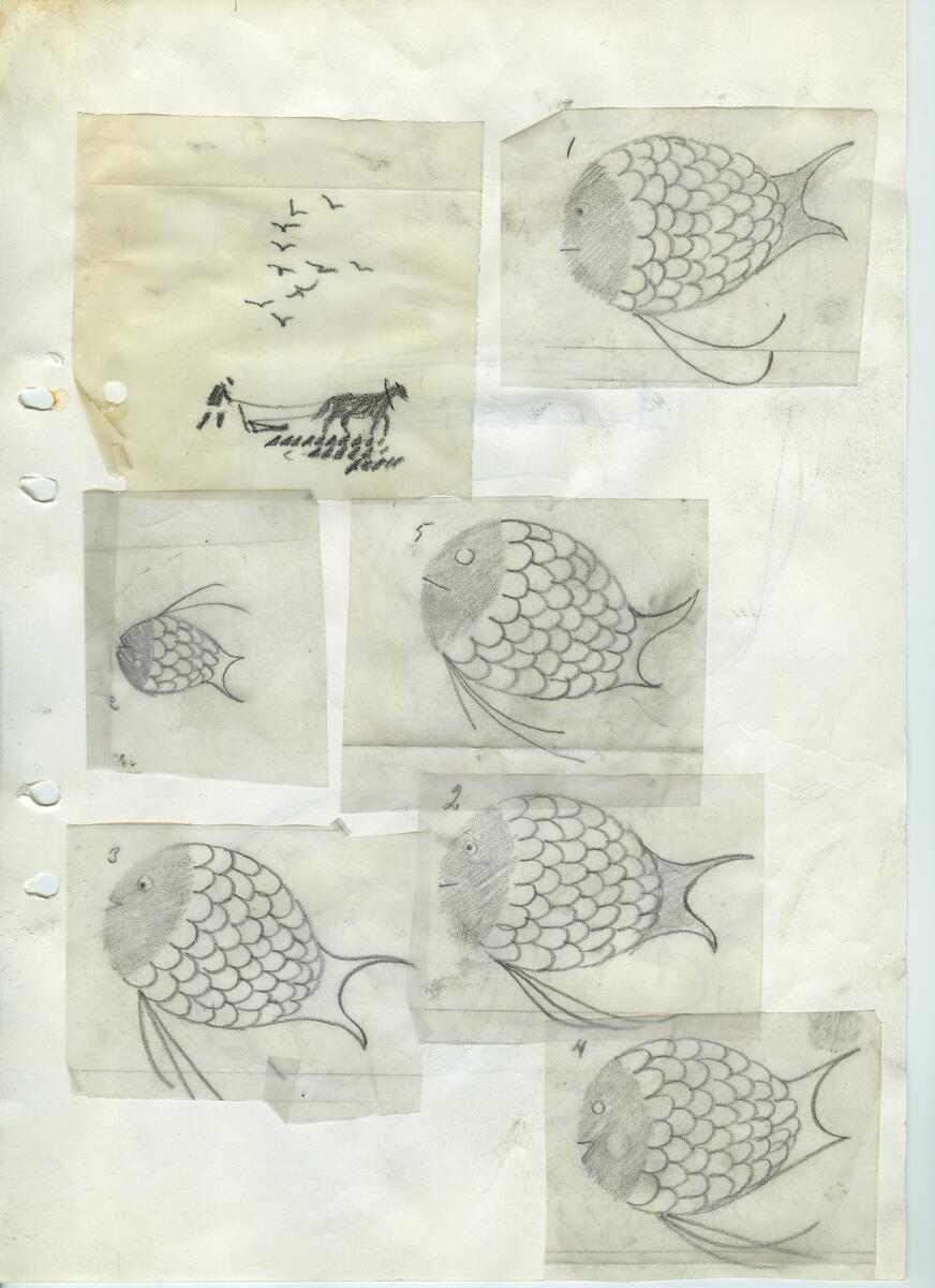 Materialet innehåller skisser till gravyrer av olika slag.