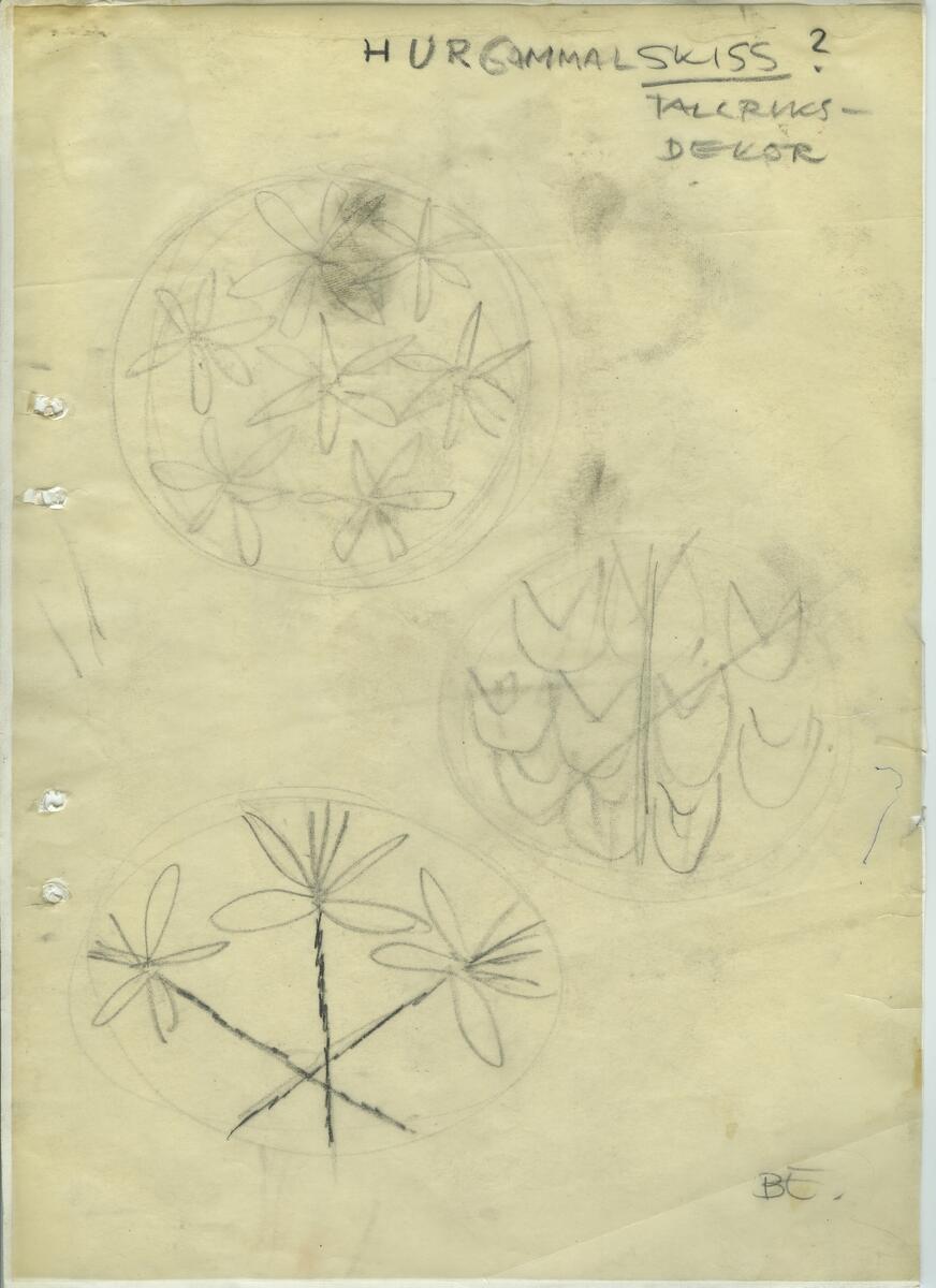 Materialet innehåller skisser till gravyrer av olika slag.