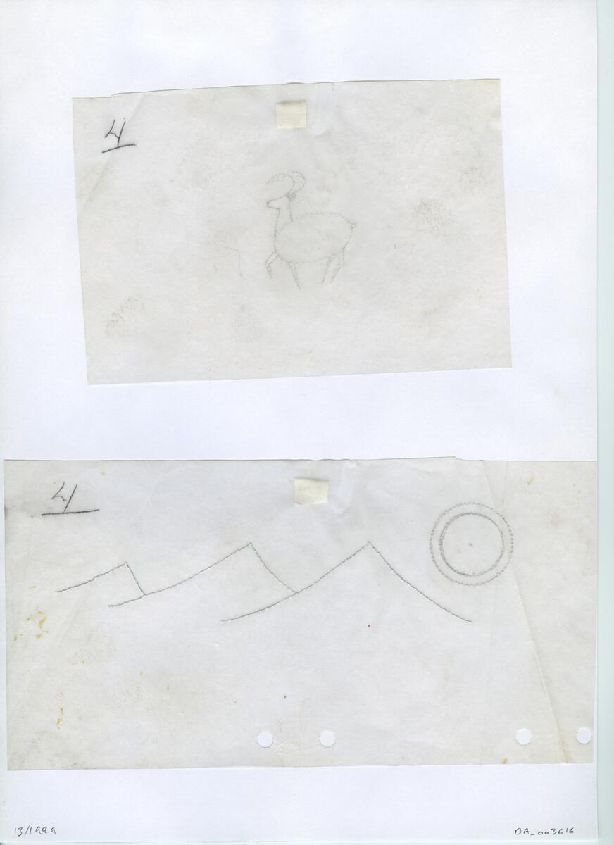 Materialet innehåller skisser till gravyrer av olika slag.