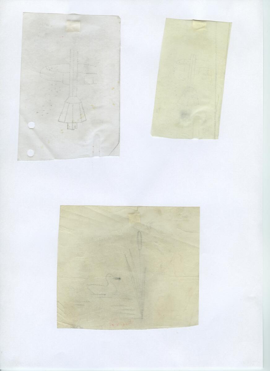 Materialet innehåller skisser till gravyrer av olika slag.