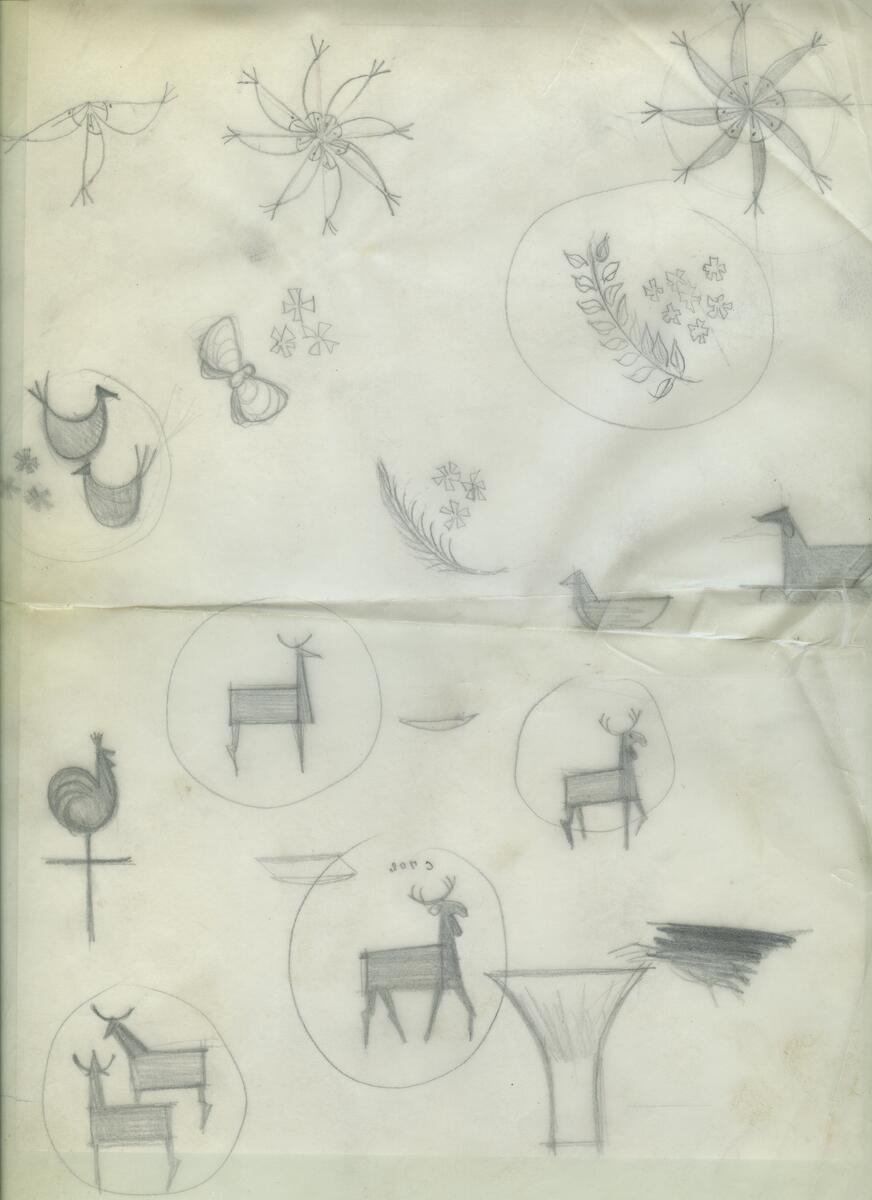 Materialet innehåller skisser till gravyrer av olika slag.