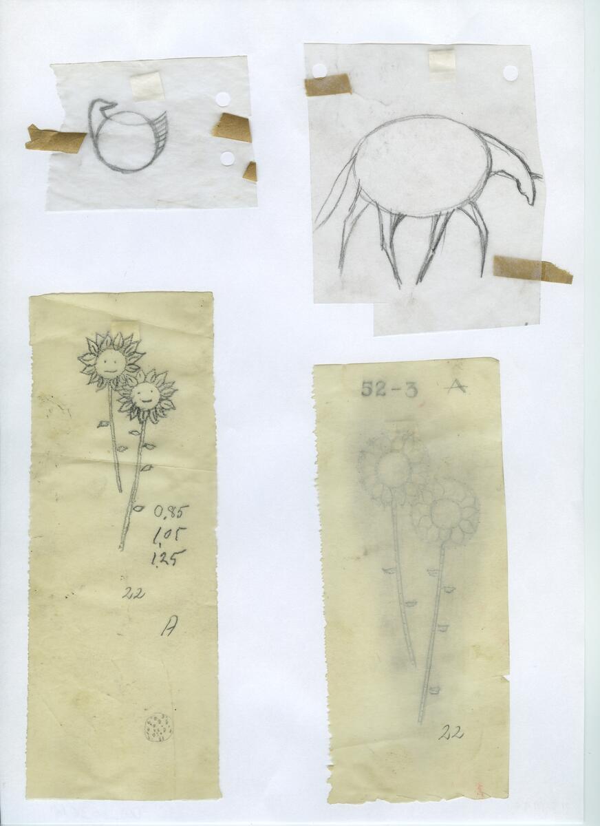 Materialet innehåller skisser till gravyrer av olika slag.