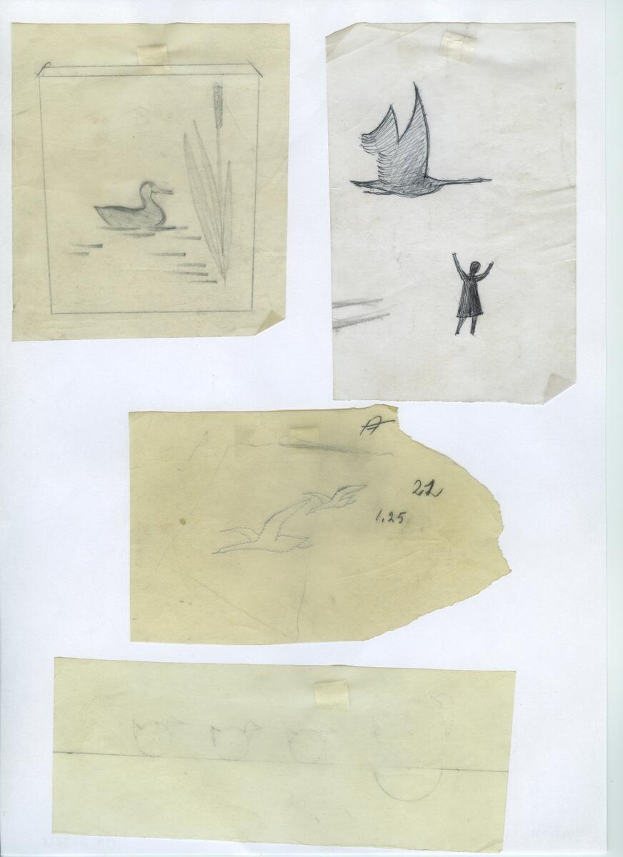 Materialet innehåller skisser till gravyrer av olika slag.