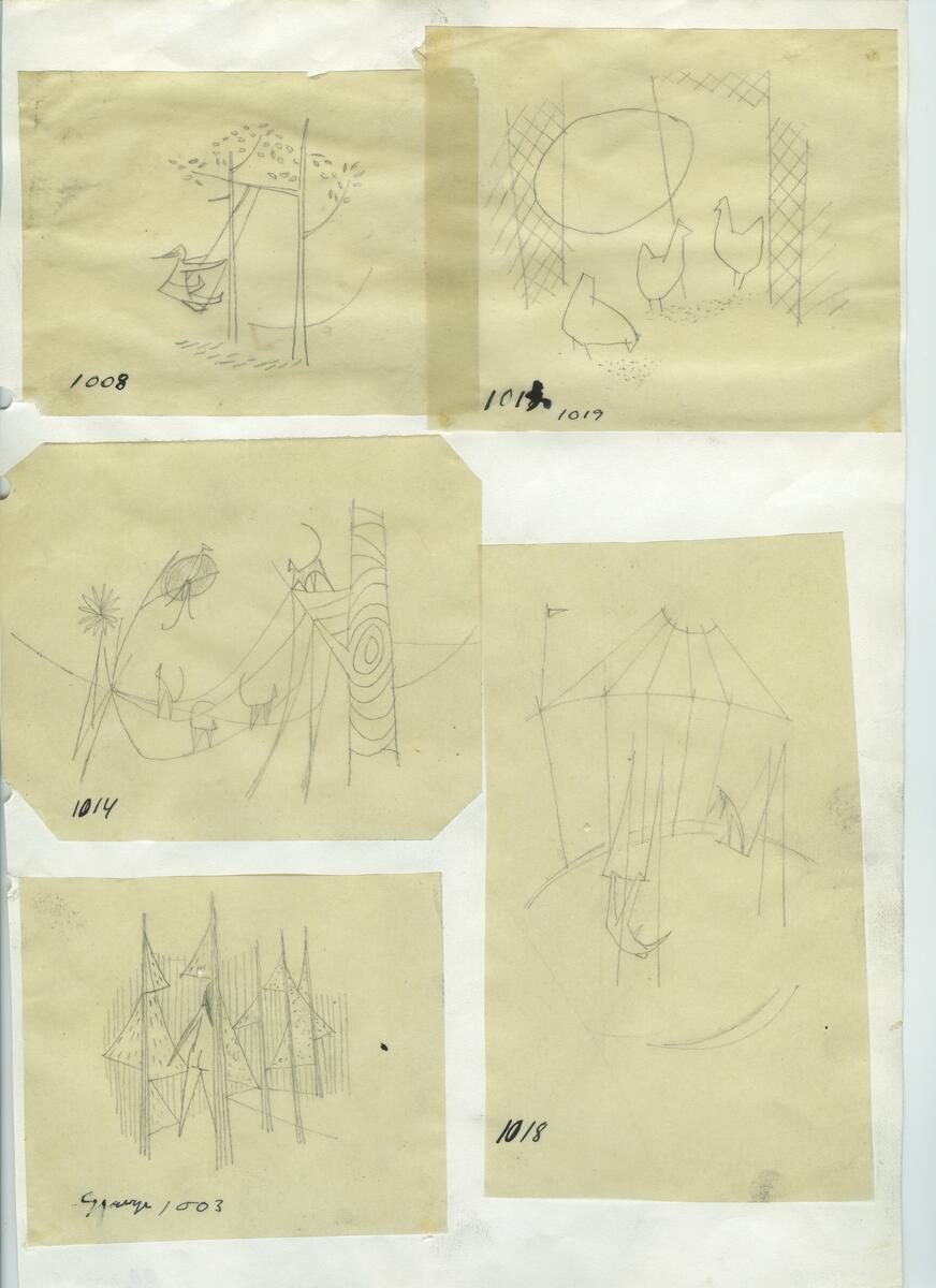 Materialet innehåller skisser till gravyrer av olika slag.