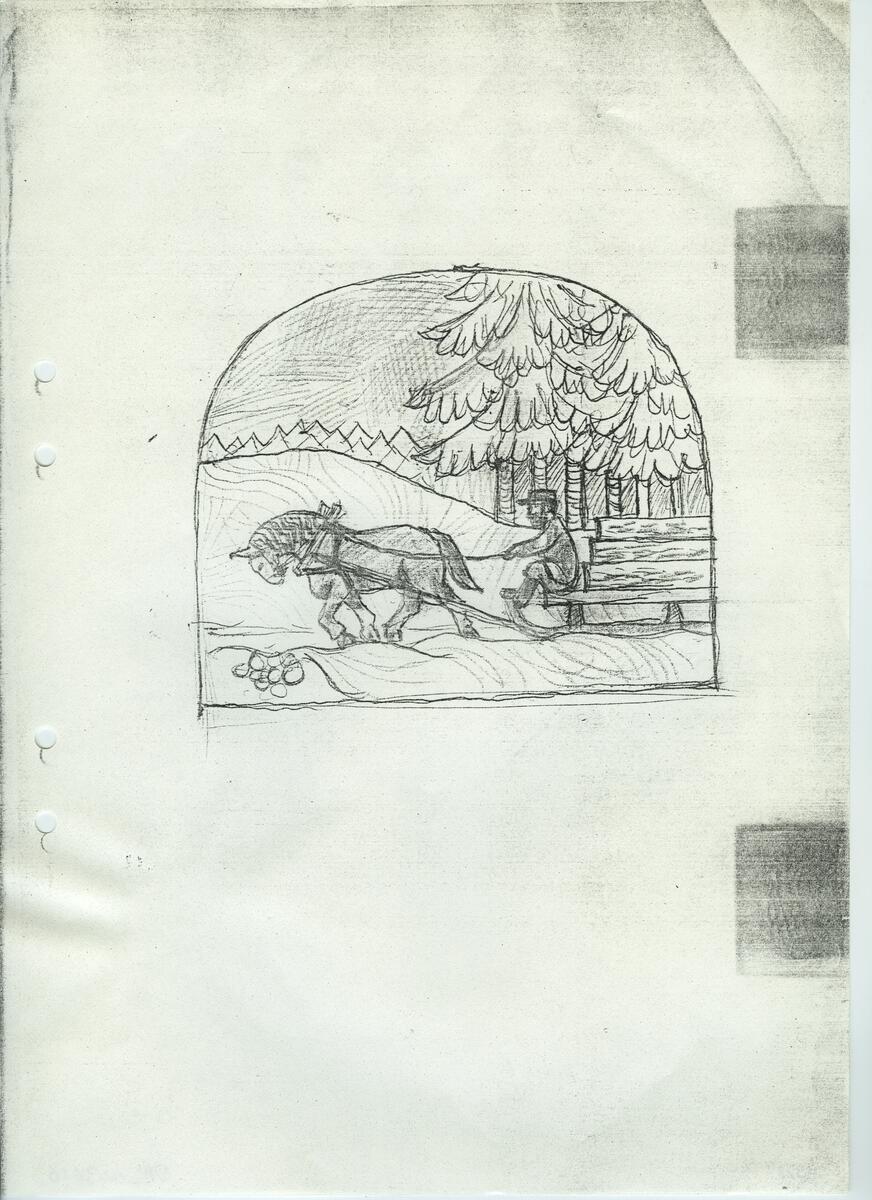 Materialet innehåller skisser till gravyrer av olika slag.