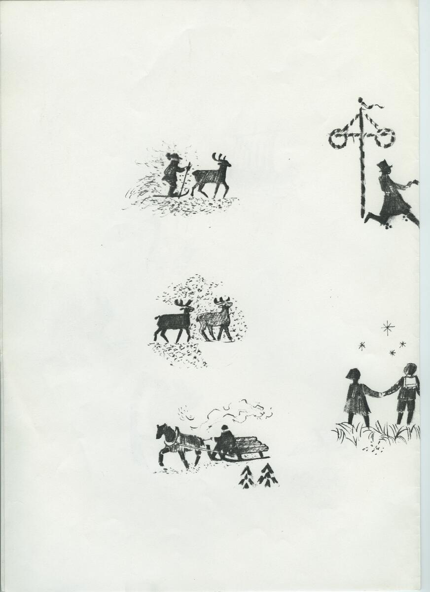 Materialet innehåller skisser till gravyrer av olika slag.