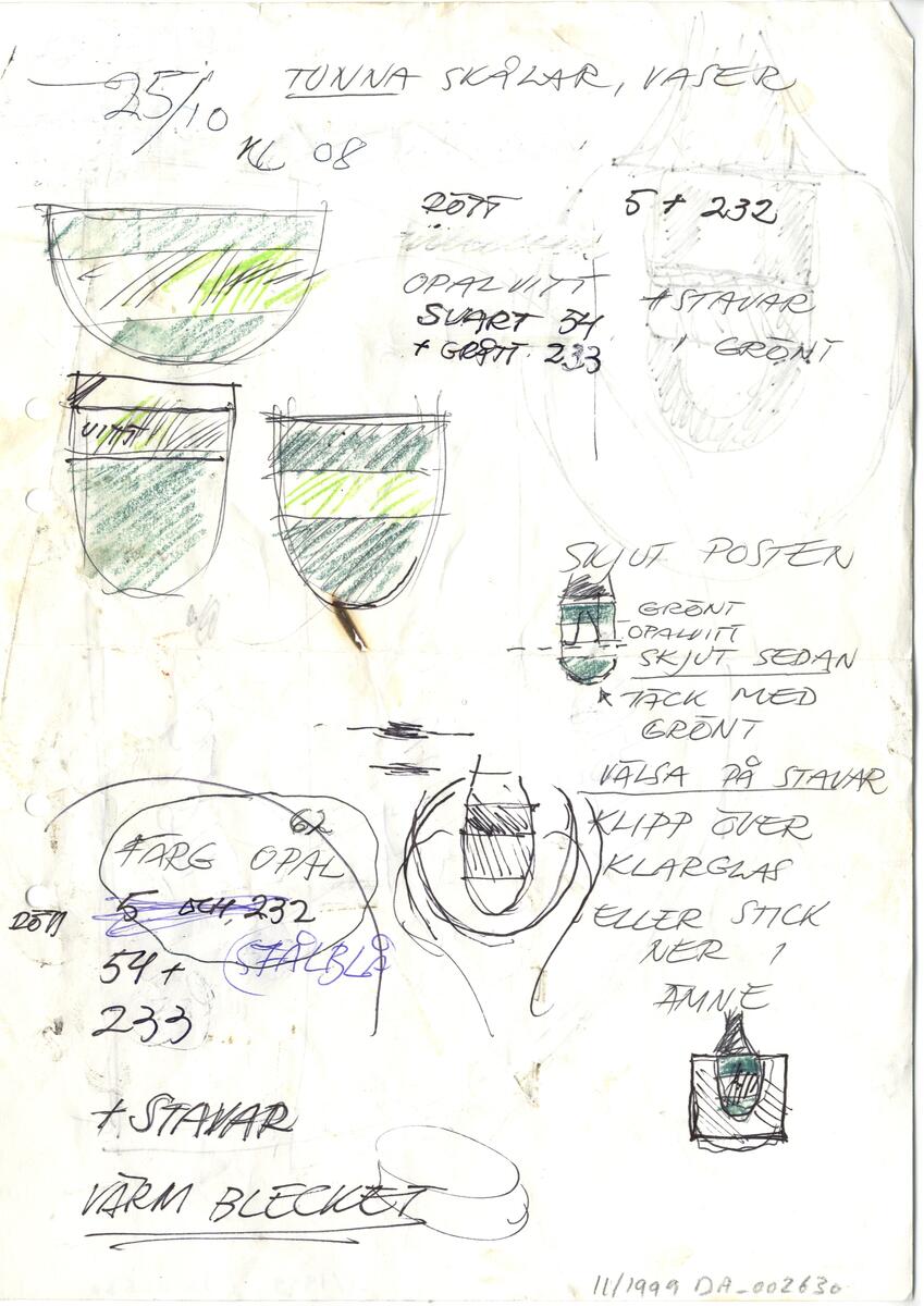 Materialet innehåller skisser till vaser, skålar, ljusstakar m.m.