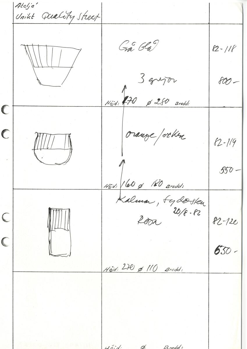 Materialet innehåller skisser till vaser, skålar, ljusstakar m.m.