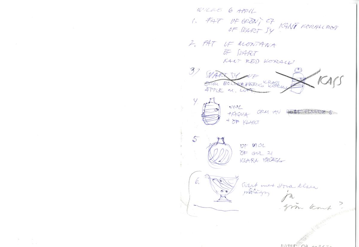 Materialet innehåller skisser till vaser, skålar, ljusstakar m.m.
