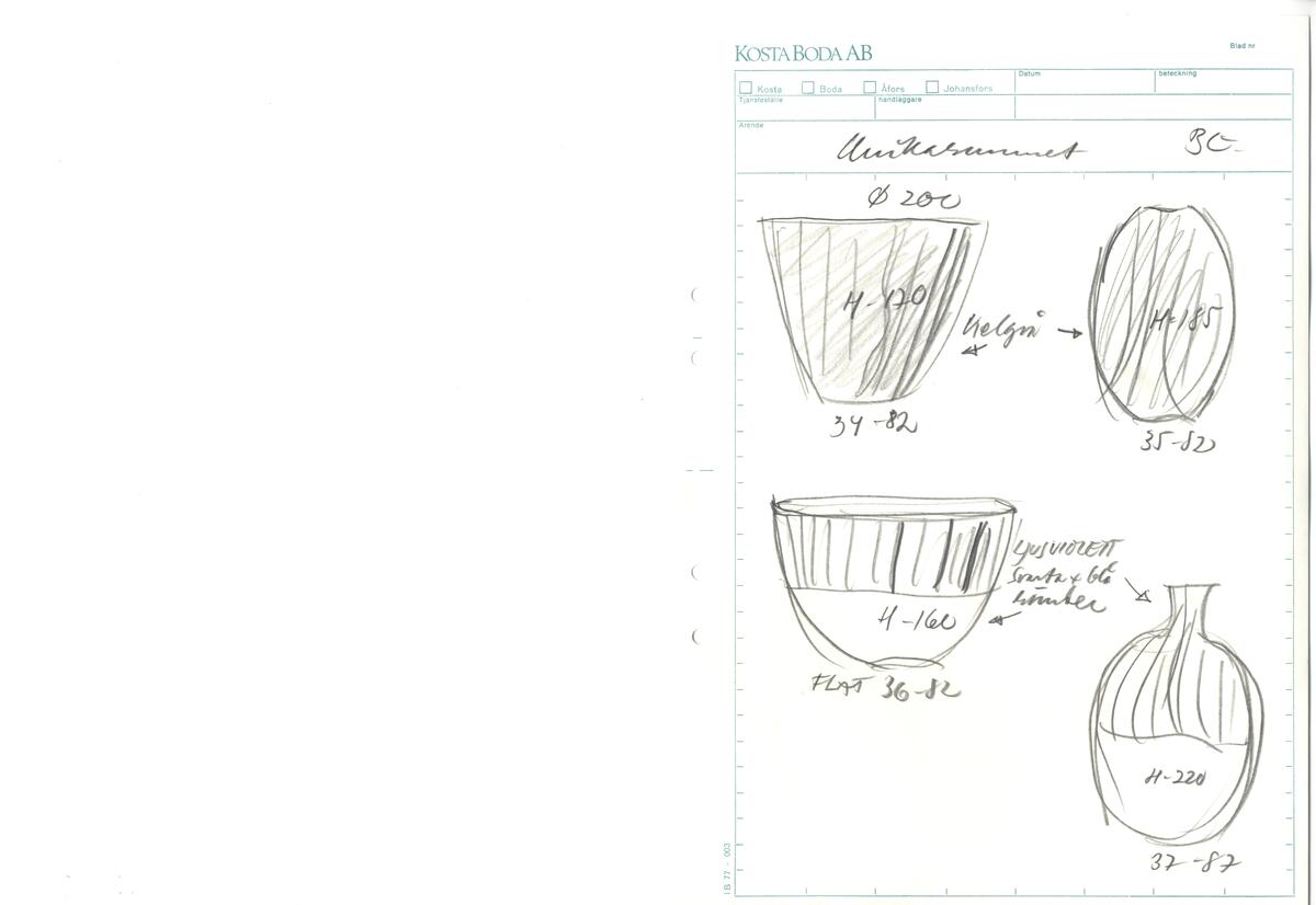 Materialet innehåller skisser till vaser, skålar, ljusstakar m.m.