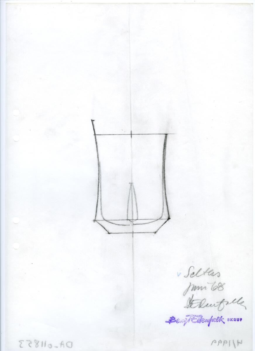 Materialet innehåller skisser till glasserviser, cigarett-tändare, skålar m.m.