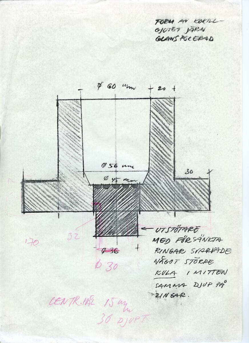Materialet innehåller skisser till vaser, kannor, servisglas, snäckor, ishinkar, gravyrer m.m. . Det ingår även handlingar och korrespondens angående produkter och utbyte av ideér med olika uppdragsgivare och företag.