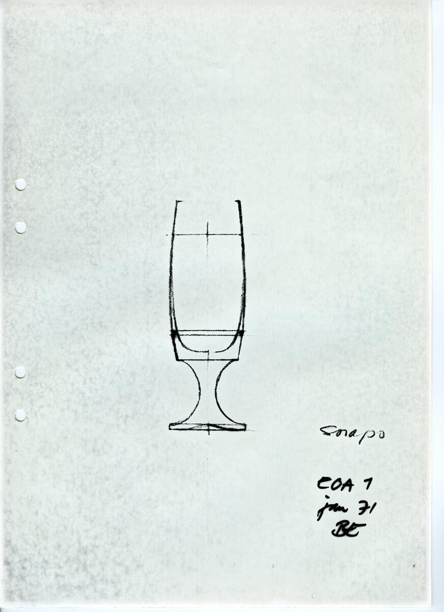 Materialet innehåller skisser till vaser, kannor, servisglas, snäckor, ishinkar, gravyrer m.m. . Det ingår även handlingar och korrespondens angående produkter och utbyte av ideér med olika uppdragsgivare och företag.