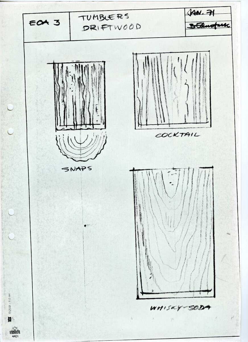 Materialet innehåller skisser till vaser, kannor, servisglas, snäckor, ishinkar, gravyrer m.m. . Det ingår även handlingar och korrespondens angående produkter och utbyte av ideér med olika uppdragsgivare och företag.
