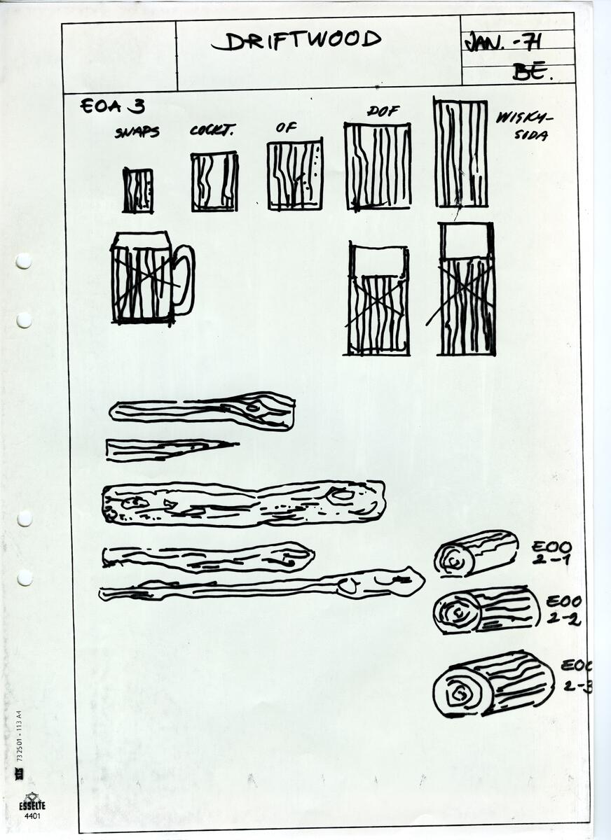 Materialet innehåller skisser till vaser, kannor, servisglas, snäckor, ishinkar, gravyrer m.m. . Det ingår även handlingar och korrespondens angående produkter och utbyte av ideér med olika uppdragsgivare och företag.