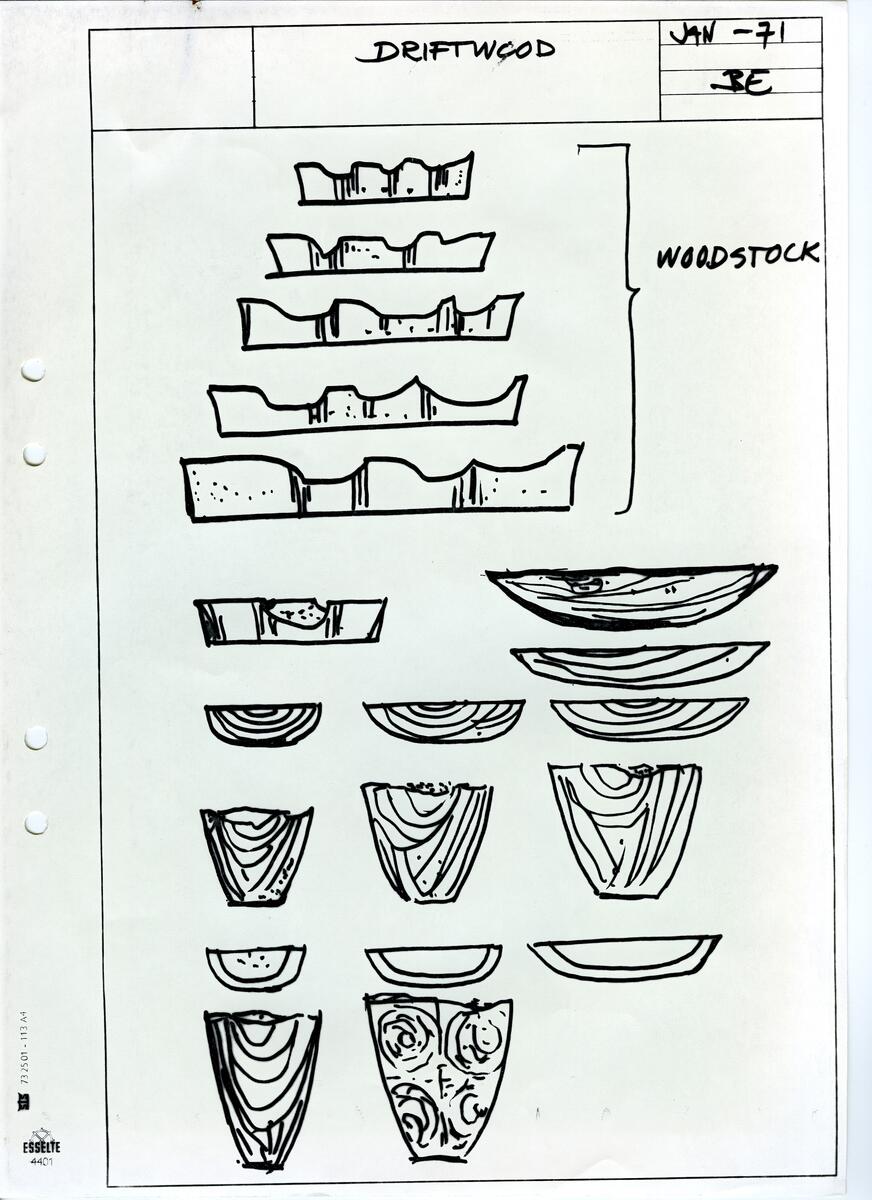 Materialet innehåller skisser till vaser, kannor, servisglas, snäckor, ishinkar, gravyrer m.m. . Det ingår även handlingar och korrespondens angående produkter och utbyte av ideér med olika uppdragsgivare och företag.