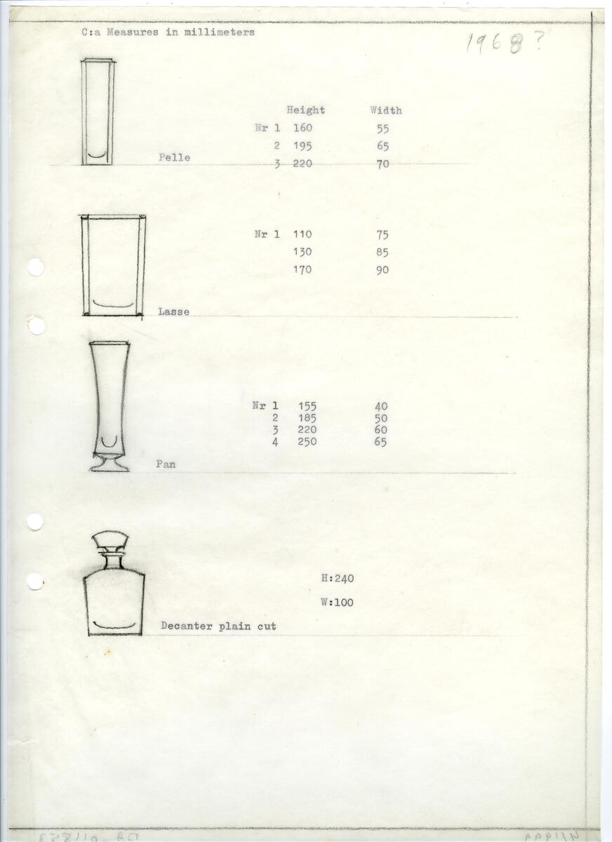 Materialet innehåller skisser till glasserviser, cigarett-tändare, skålar m.m.