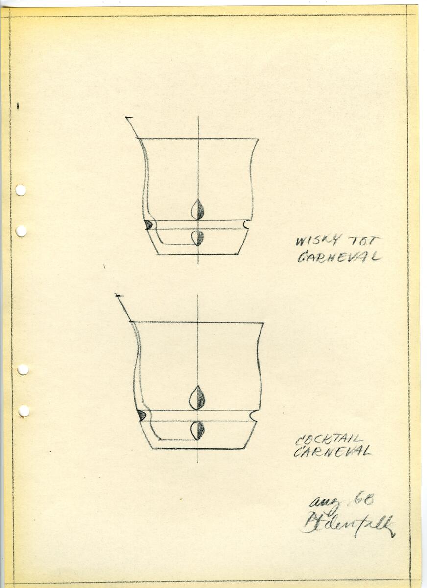 Materialet innehåller skisser till glasserviser, cigarett-tändare, skålar m.m.