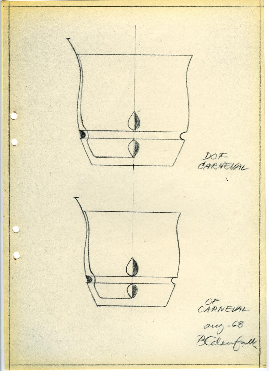 Materialet innehåller skisser till glasserviser, cigarett-tändare, skålar m.m.