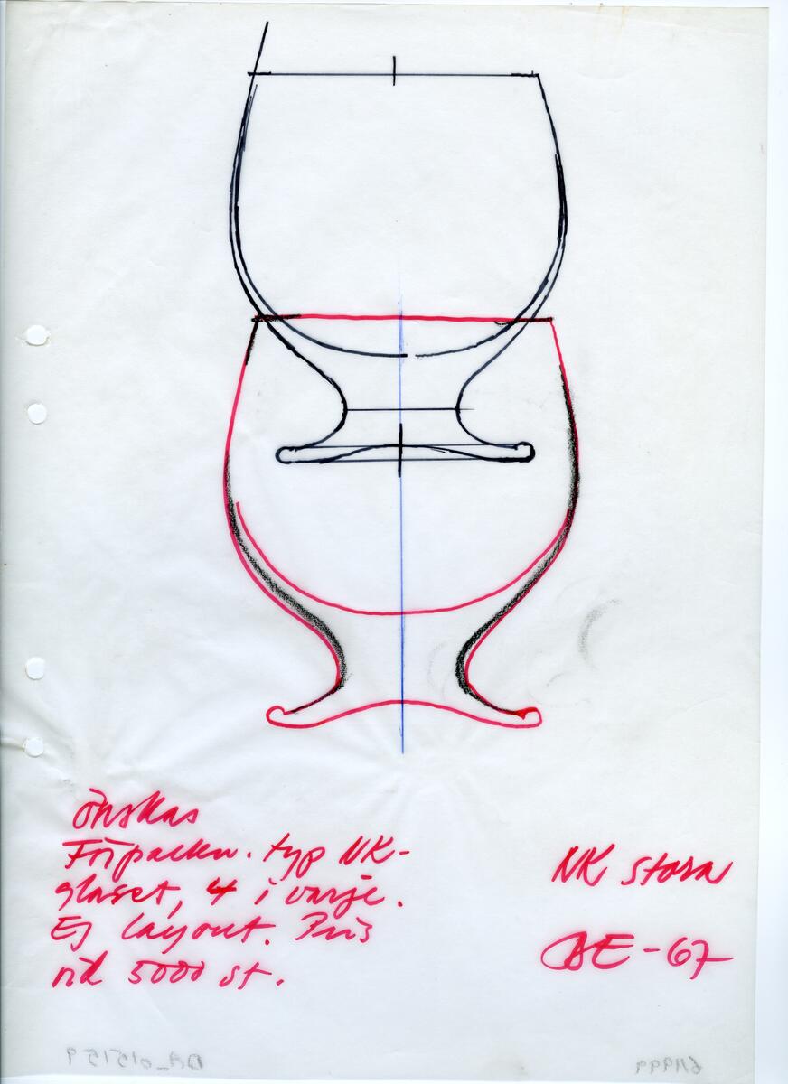 Materialet innehåller skisser till vaser, kannor, servisglas, snäckor, ishinkar, gravyrer m.m. . Det ingår även handlingar och korrespondens angående produkter och utbyte av ideér med olika uppdragsgivare och företag.