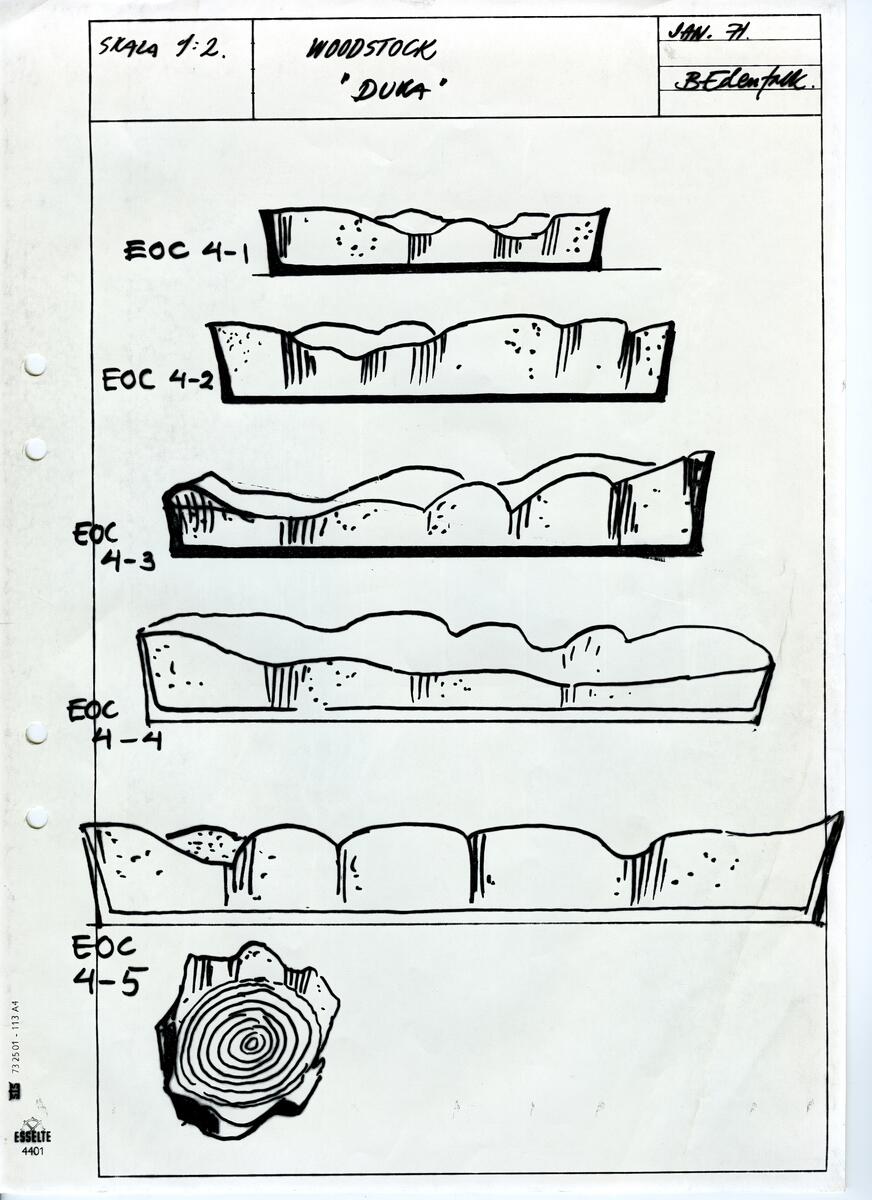 Materialet innehåller skisser till vaser, kannor, servisglas, snäckor, ishinkar, gravyrer m.m. . Det ingår även handlingar och korrespondens angående produkter och utbyte av ideér med olika uppdragsgivare och företag.
