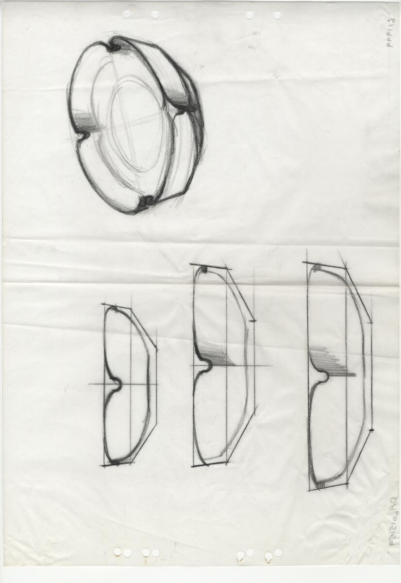 Materialet innehåller skisser till vaser, kannor, servisglas, snäckor, ishinkar, gravyrer m.m. . Det ingår även handlingar och korrespondens angående produkter och utbyte av ideér med olika uppdragsgivare och företag.