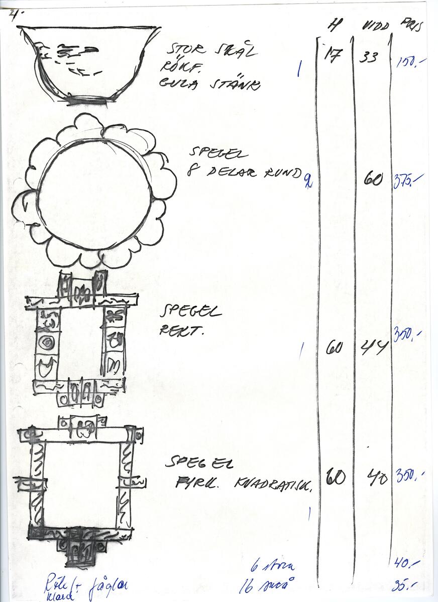 Materialet innehåller skisser till glasserviser, cigarett-tändare, skålar m.m.