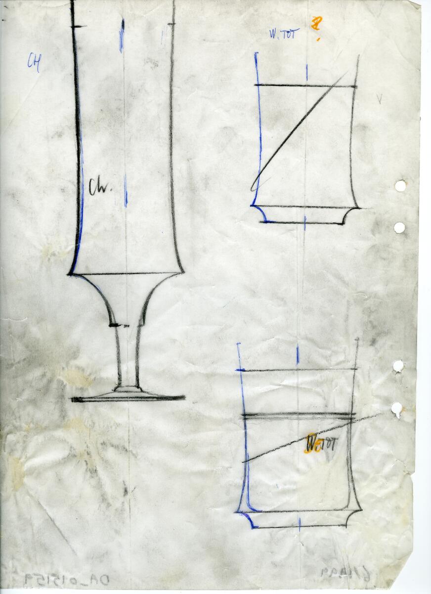 Materialet innehåller skisser till vaser, kannor, servisglas, snäckor, ishinkar, gravyrer m.m. . Det ingår även handlingar och korrespondens angående produkter och utbyte av ideér med olika uppdragsgivare och företag.
