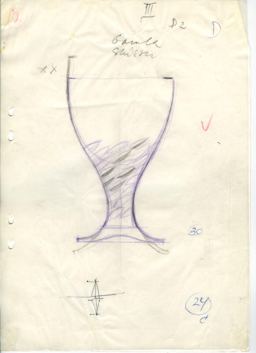 Materialet innehåller skisser till vaser, kannor, servisglas, snäckor, ishinkar, gravyrer m.m. . Det ingår även handlingar och korrespondens angående produkter och utbyte av ideér med olika uppdragsgivare och företag.