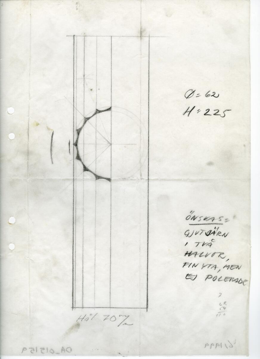 Materialet innehåller skisser till vaser, kannor, servisglas, snäckor, ishinkar, gravyrer m.m. . Det ingår även handlingar och korrespondens angående produkter och utbyte av ideér med olika uppdragsgivare och företag.