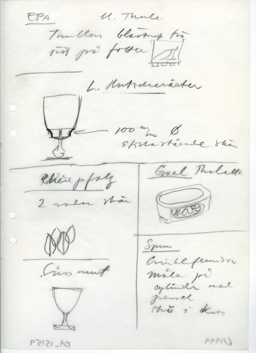 Materialet innehåller skisser till vaser, kannor, servisglas, snäckor, ishinkar, gravyrer m.m. . Det ingår även handlingar och korrespondens angående produkter och utbyte av ideér med olika uppdragsgivare och företag.