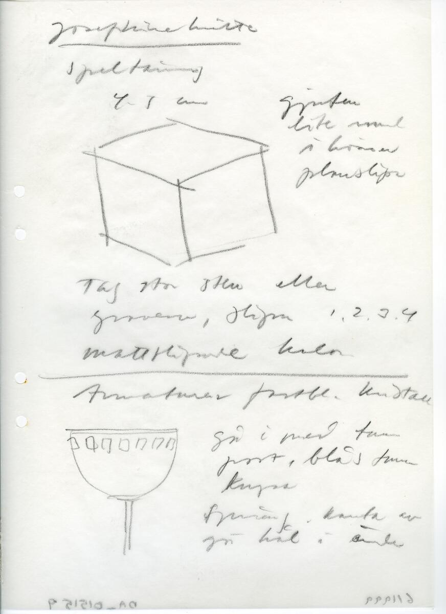 Materialet innehåller skisser till vaser, kannor, servisglas, snäckor, ishinkar, gravyrer m.m. . Det ingår även handlingar och korrespondens angående produkter och utbyte av ideér med olika uppdragsgivare och företag.