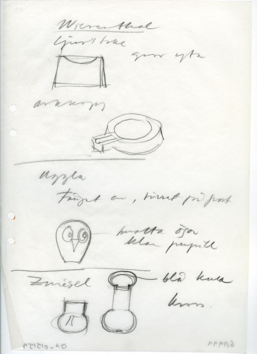 Materialet innehåller skisser till vaser, kannor, servisglas, snäckor, ishinkar, gravyrer m.m. . Det ingår även handlingar och korrespondens angående produkter och utbyte av ideér med olika uppdragsgivare och företag.