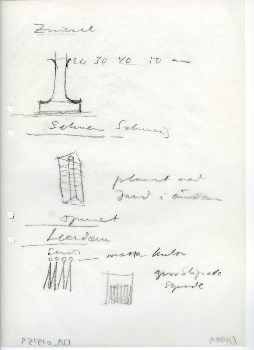 Materialet innehåller skisser till vaser, kannor, servisglas, snäckor, ishinkar, gravyrer m.m. . Det ingår även handlingar och korrespondens angående produkter och utbyte av ideér med olika uppdragsgivare och företag.