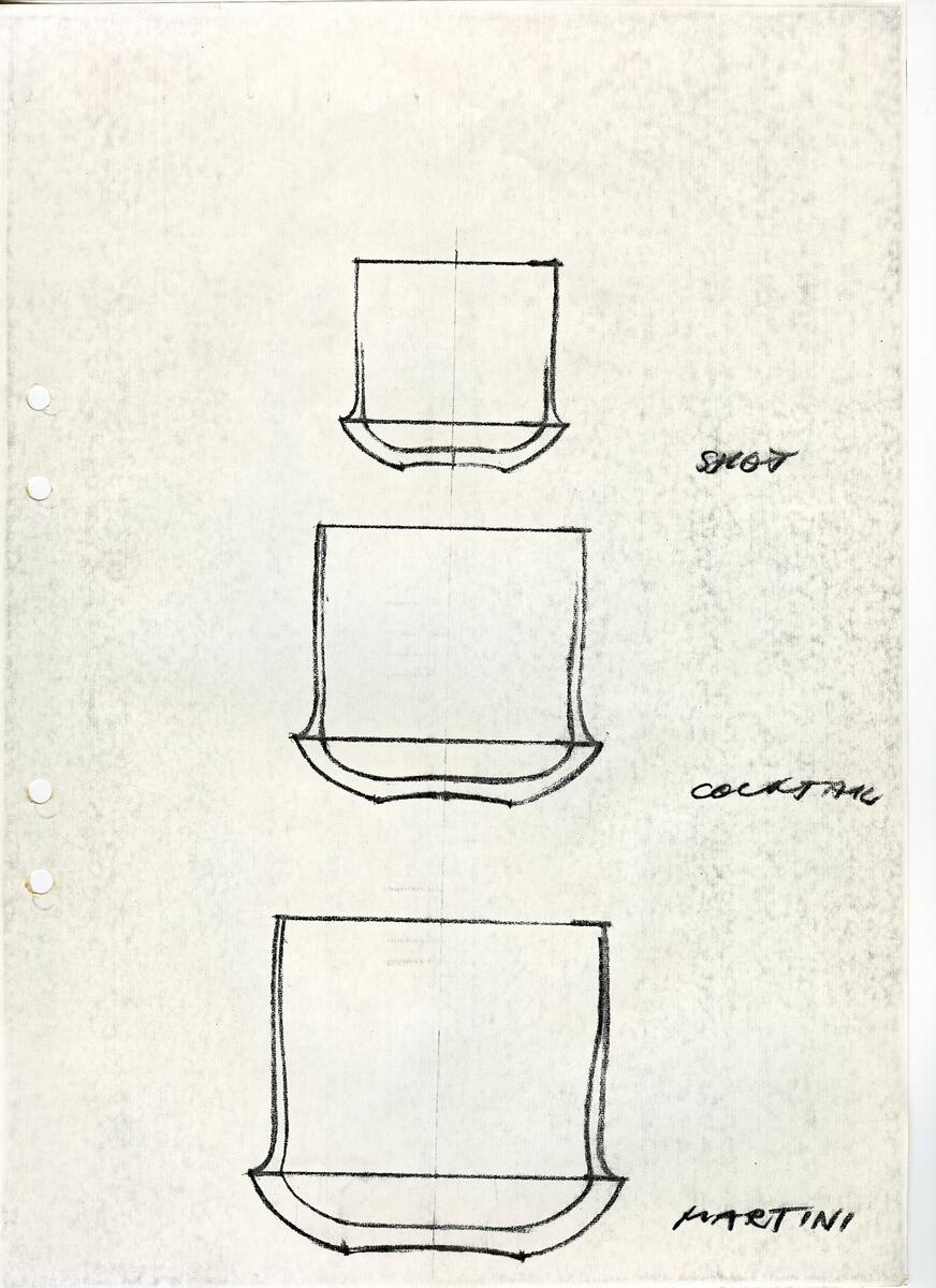 Materialet innehåller skisser till vaser, kannor, servisglas, snäckor, ishinkar, gravyrer m.m. . Det ingår även handlingar och korrespondens angående produkter och utbyte av ideér med olika uppdragsgivare och företag.