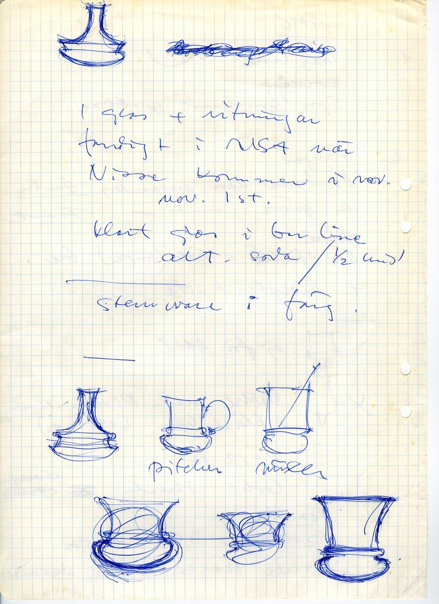 Materialet innehåller skisser till vaser, kannor, servisglas, snäckor, ishinkar, gravyrer m.m. . Det ingår även handlingar och korrespondens angående produkter och utbyte av ideér med olika uppdragsgivare och företag.