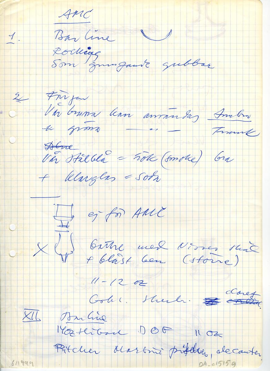 Materialet innehåller skisser till vaser, kannor, servisglas, snäckor, ishinkar, gravyrer m.m. . Det ingår även handlingar och korrespondens angående produkter och utbyte av ideér med olika uppdragsgivare och företag.