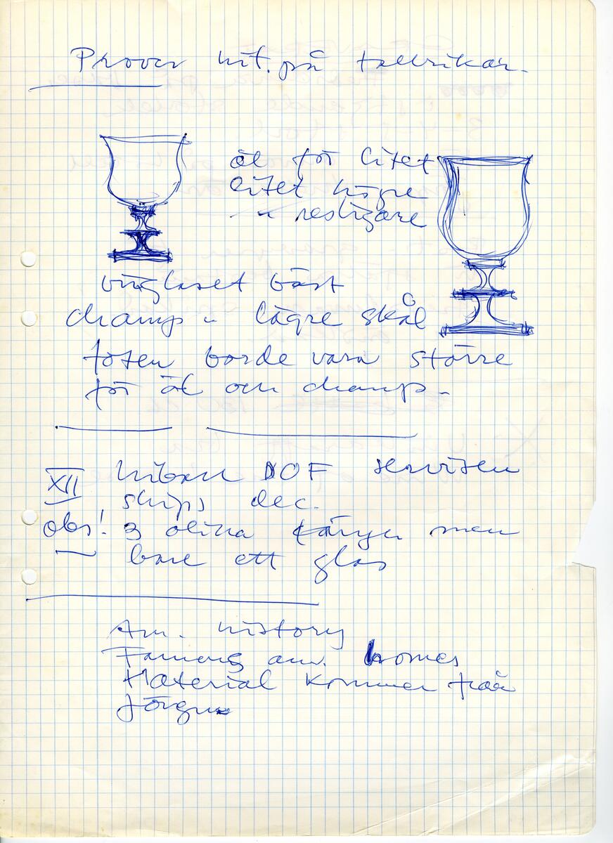 Materialet innehåller skisser till vaser, kannor, servisglas, snäckor, ishinkar, gravyrer m.m. . Det ingår även handlingar och korrespondens angående produkter och utbyte av ideér med olika uppdragsgivare och företag.