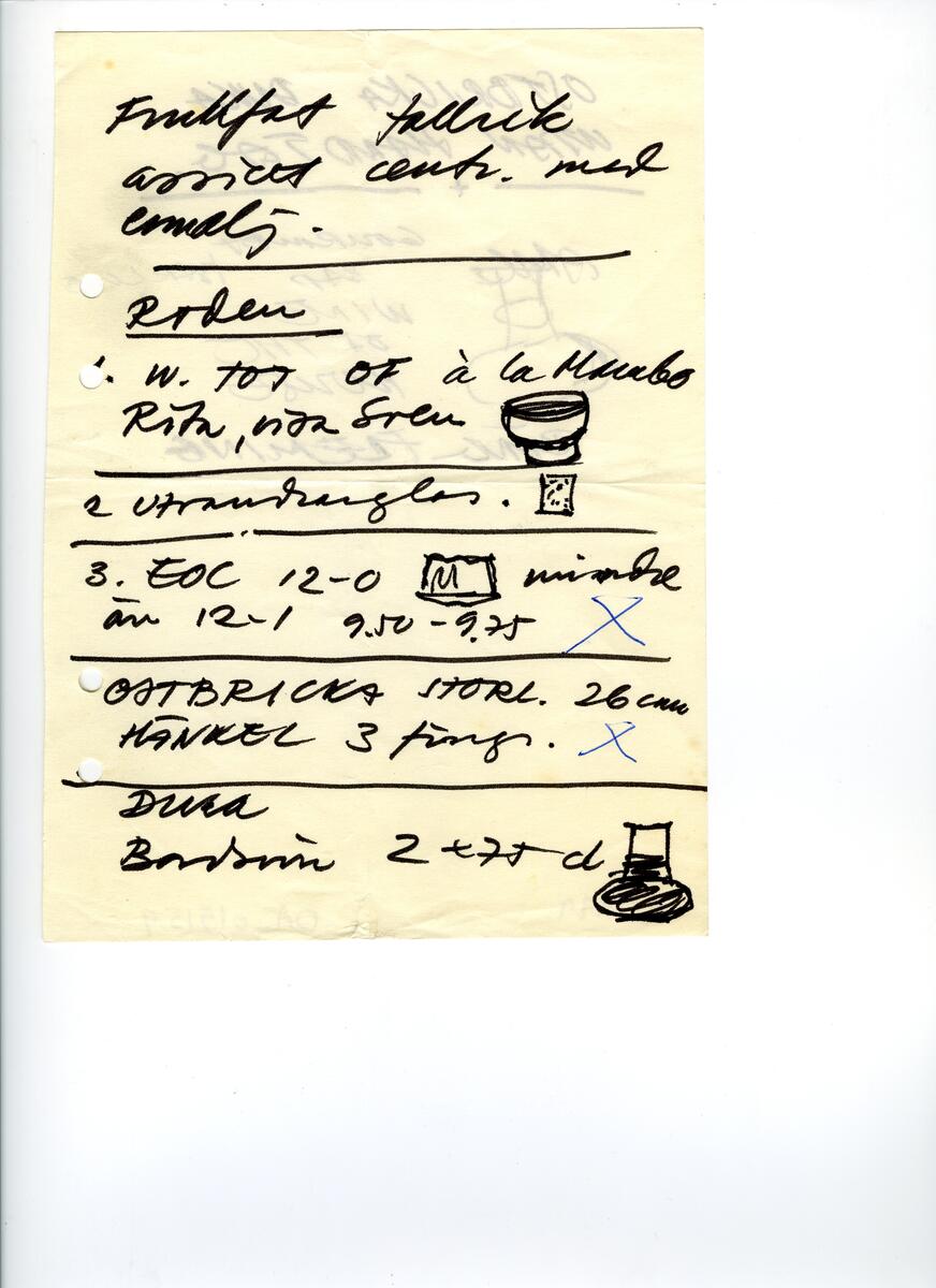 Materialet innehåller skisser till vaser, kannor, servisglas, snäckor, ishinkar, gravyrer m.m. . Det ingår även handlingar och korrespondens angående produkter och utbyte av ideér med olika uppdragsgivare och företag.