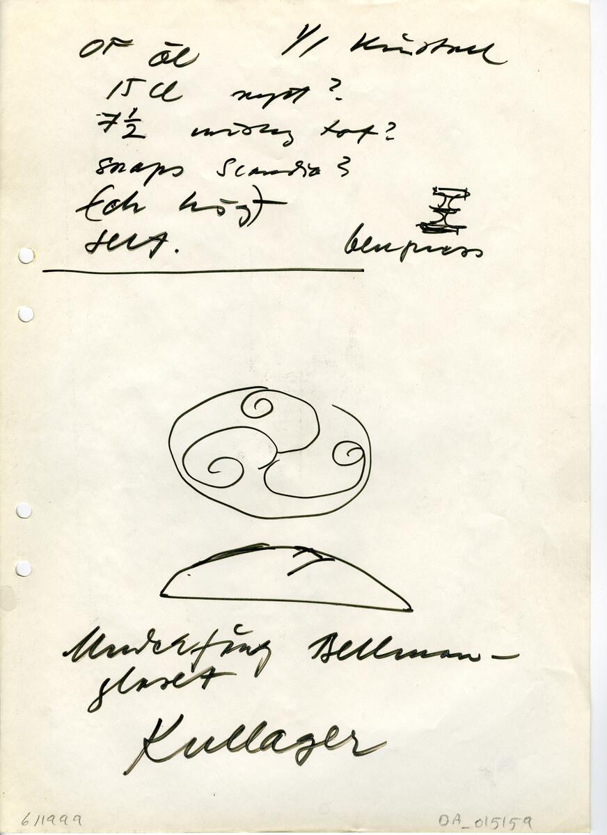 Materialet innehåller skisser till vaser, kannor, servisglas, snäckor, ishinkar, gravyrer m.m. . Det ingår även handlingar och korrespondens angående produkter och utbyte av ideér med olika uppdragsgivare och företag.